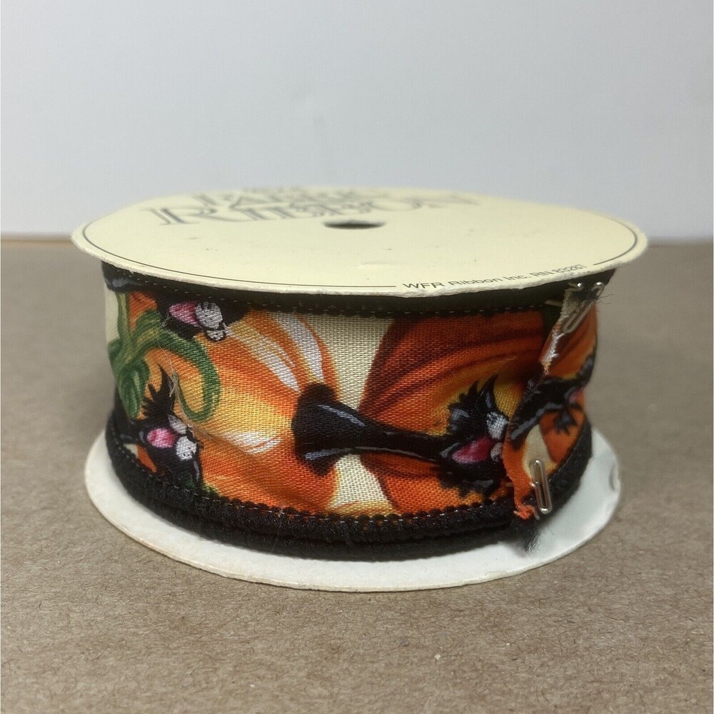 Fabric Ribbon Black Cat Pumpkin 1.25 in Halloween 4 Yards Spooled Vintage - Picture 3 of 5